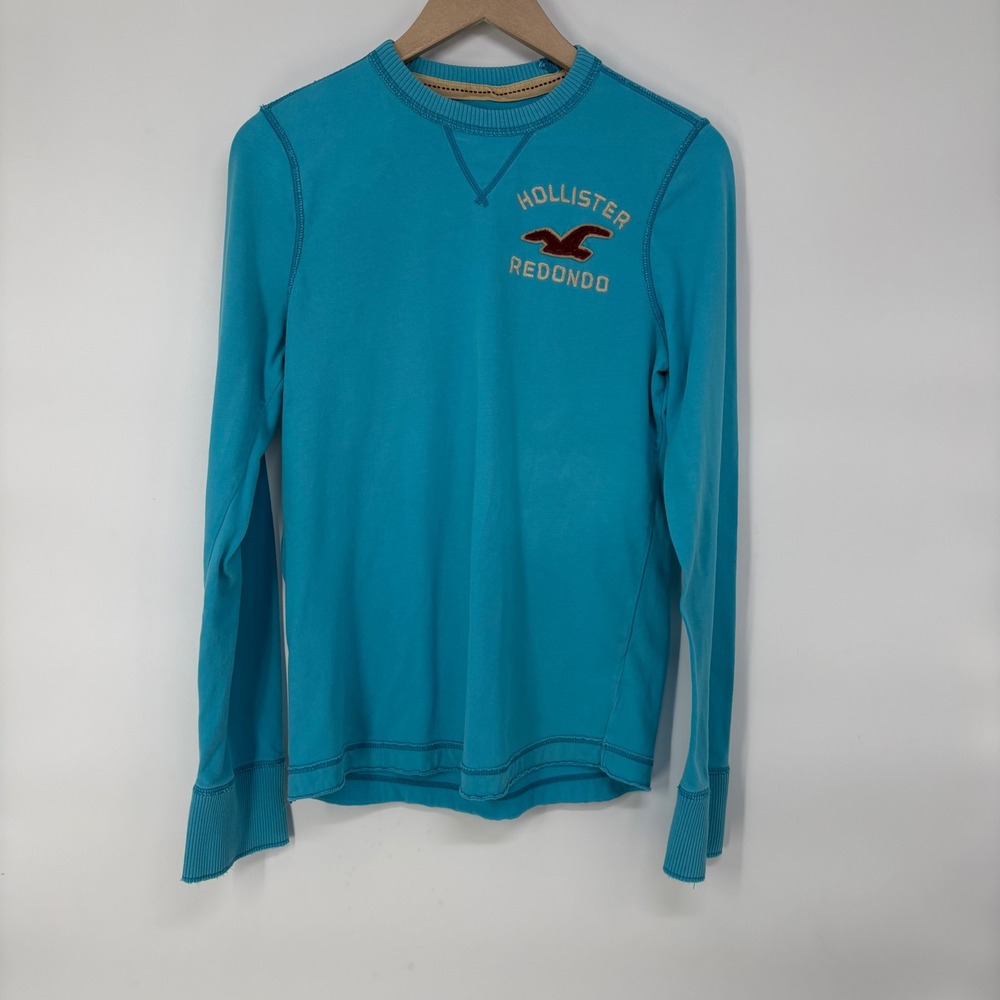 Y2K Hollister Redondo Mens Long Sleeve Graphic Tee Turquoise Blue Seagull Logo M